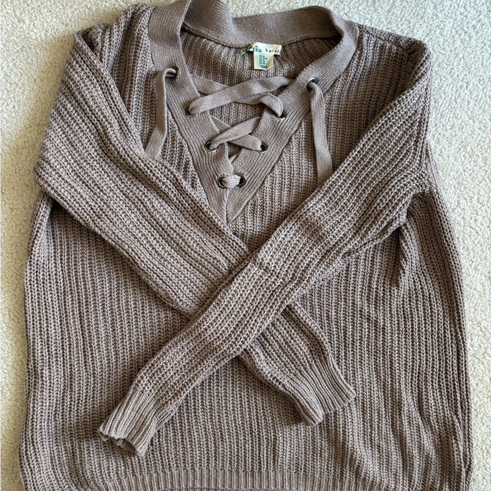 Kaisely Women's V-Neck Lace-Up Sweater - Tan